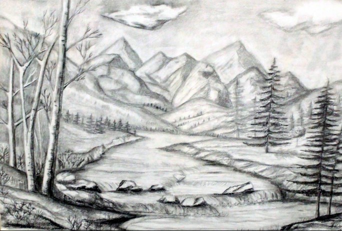 Gambar Arsiran Pemandangan Gunung